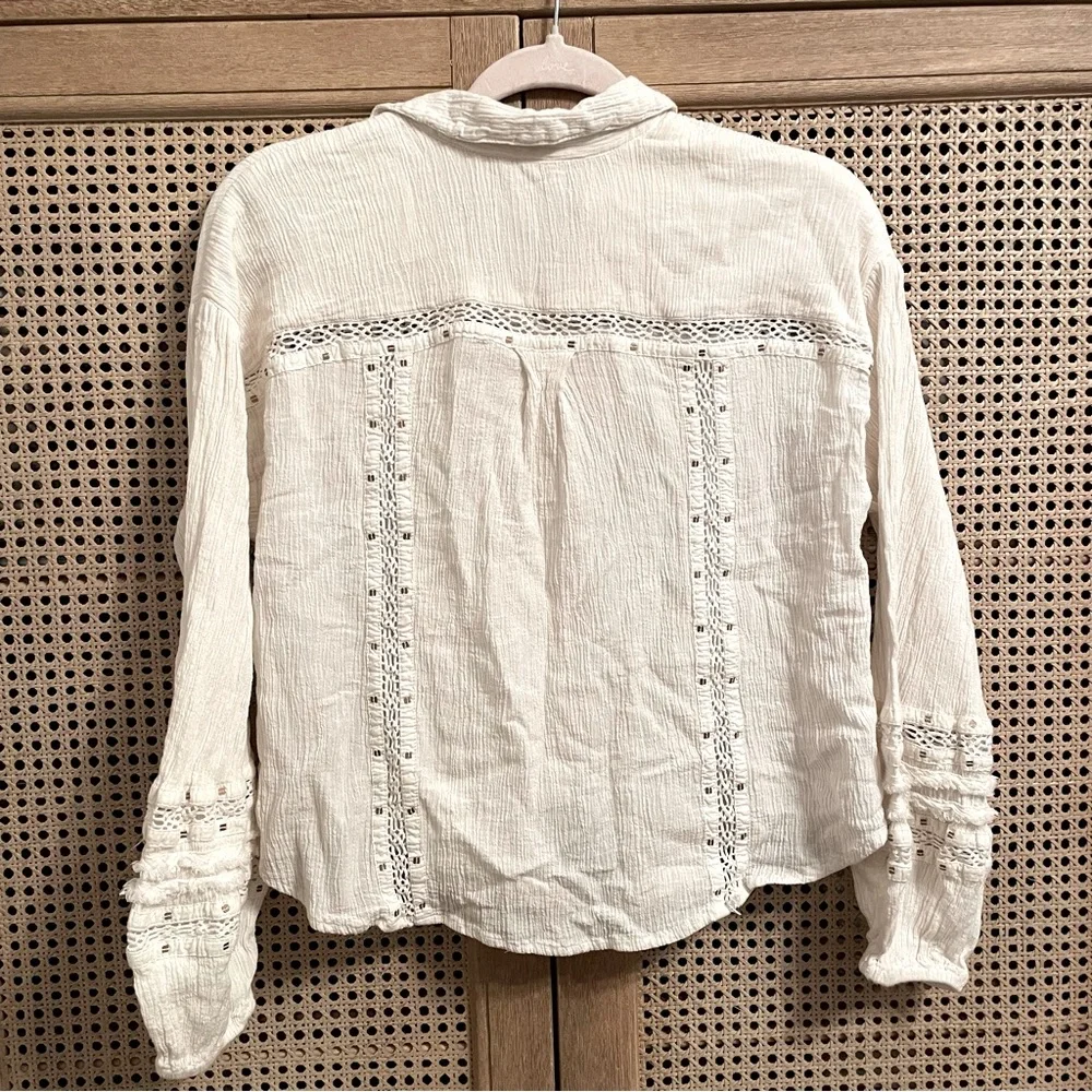 Free People Embroidered Summer Stars Ranch Style Button-Up Ivory Gauze Top XS